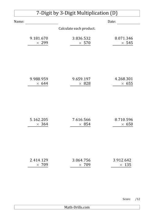 The Multiplying 7-Digit by 3-Digit Numbers with Period-Separated Thousands (D) Math Worksheet