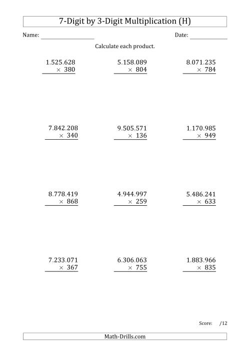 The Multiplying 7-Digit by 3-Digit Numbers with Period-Separated Thousands (H) Math Worksheet