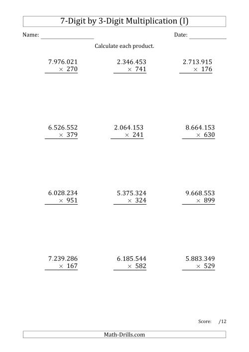 The Multiplying 7-Digit by 3-Digit Numbers with Period-Separated Thousands (I) Math Worksheet