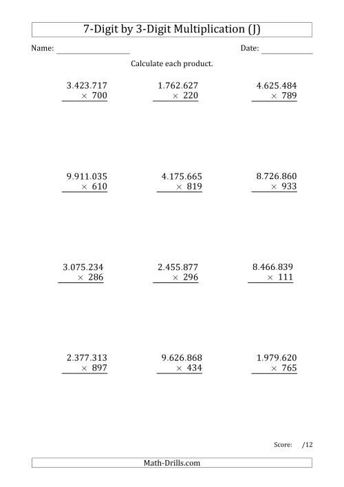 The Multiplying 7-Digit by 3-Digit Numbers with Period-Separated Thousands (J) Math Worksheet