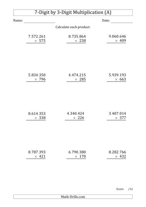The Multiplying 7-Digit by 3-Digit Numbers with Period-Separated Thousands (All) Math Worksheet