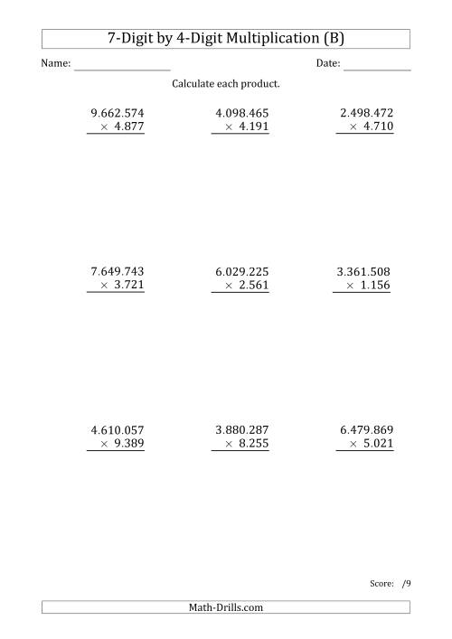 The Multiplying 7-Digit by 4-Digit Numbers with Period-Separated Thousands (B) Math Worksheet