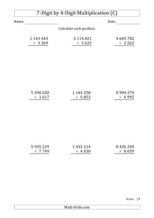 The Multiplying 7-Digit by 4-Digit Numbers with Period-Separated Thousands (C) Math Worksheet