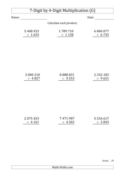 The Multiplying 7-Digit by 4-Digit Numbers with Period-Separated Thousands (G) Math Worksheet