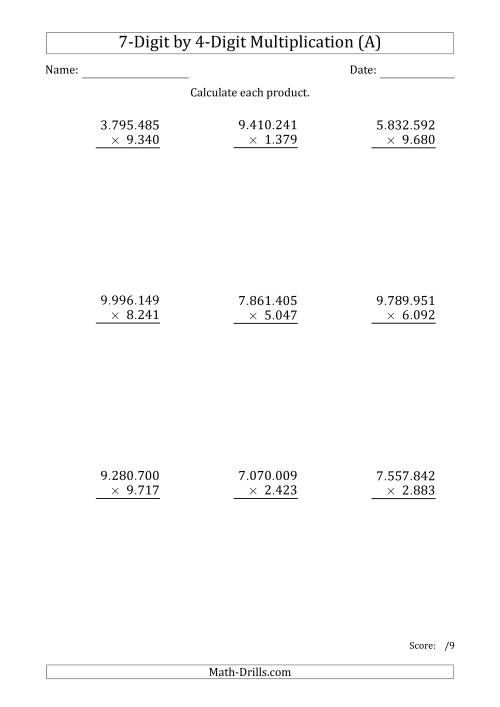 The Multiplying 7-Digit by 4-Digit Numbers with Period-Separated Thousands (All) Math Worksheet