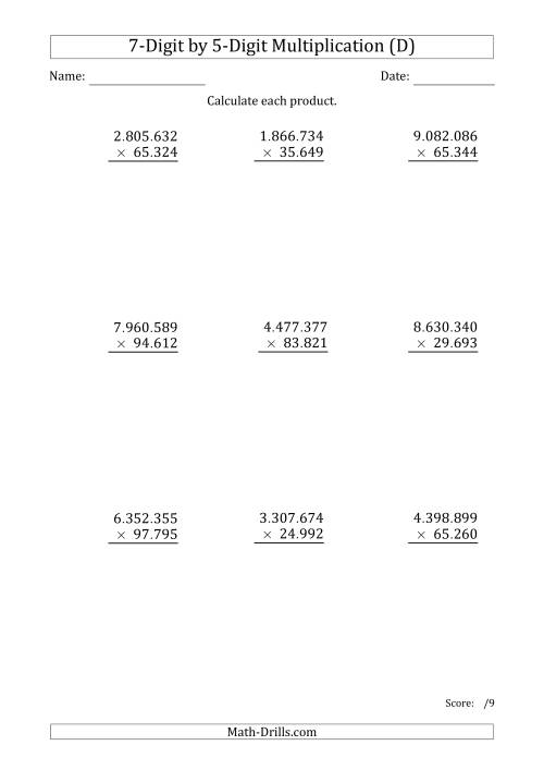 The Multiplying 7-Digit by 5-Digit Numbers with Period-Separated Thousands (D) Math Worksheet