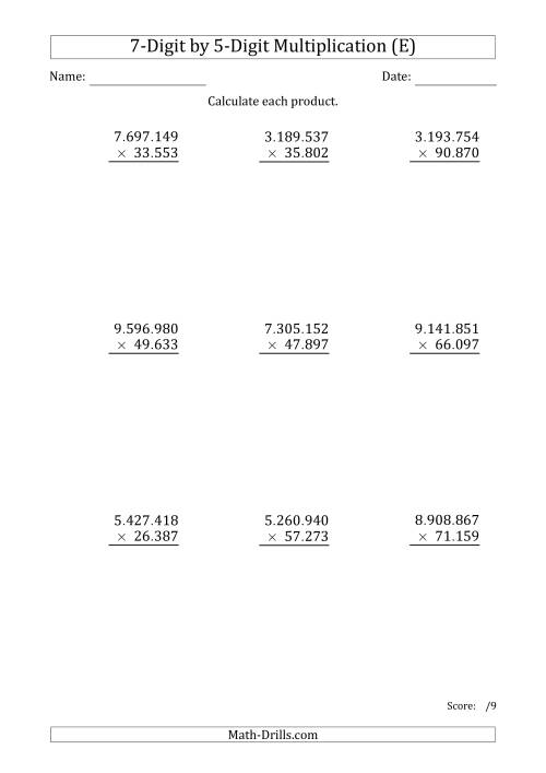 The Multiplying 7-Digit by 5-Digit Numbers with Period-Separated Thousands (E) Math Worksheet