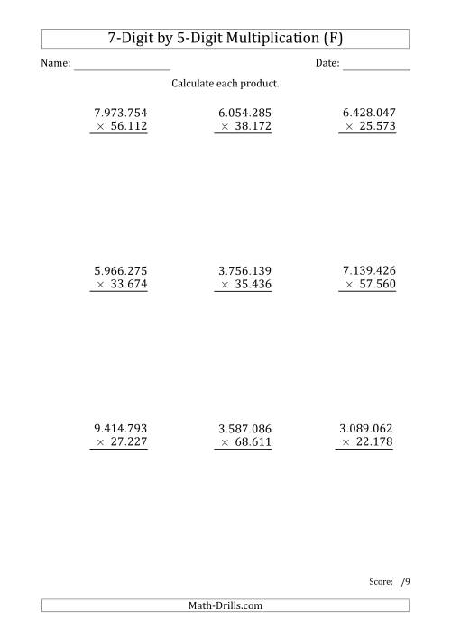 The Multiplying 7-Digit by 5-Digit Numbers with Period-Separated Thousands (F) Math Worksheet
