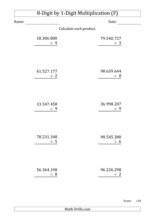 The Multiplying 8-Digit by 1-Digit Numbers with Period-Separated Thousands (F) Math Worksheet