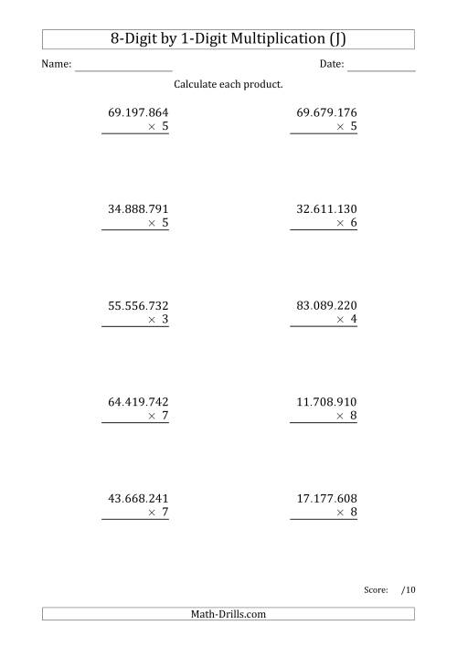 The Multiplying 8-Digit by 1-Digit Numbers with Period-Separated Thousands (J) Math Worksheet