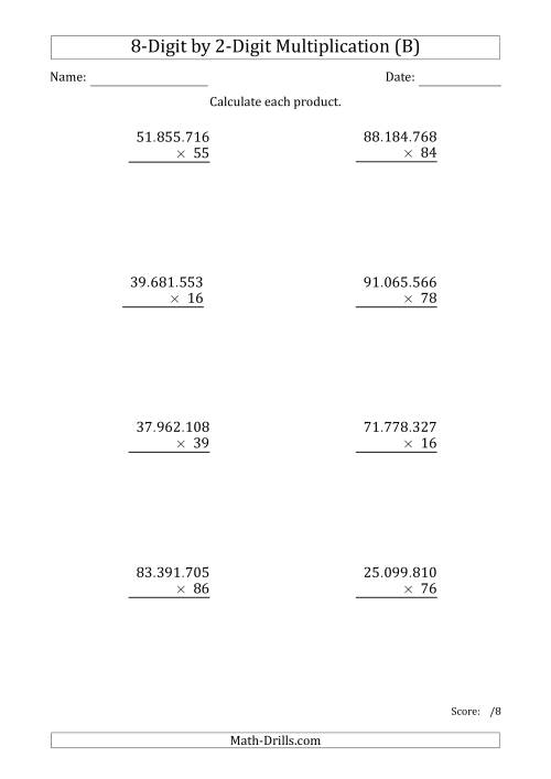 The Multiplying 8-Digit by 2-Digit Numbers with Period-Separated Thousands (B) Math Worksheet