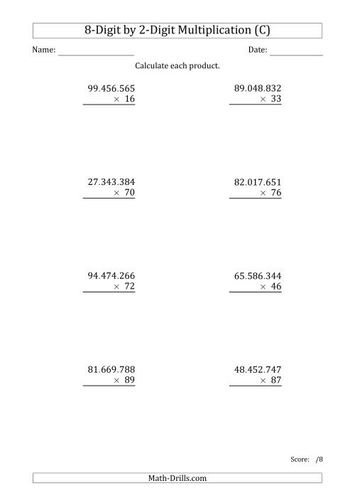 The Multiplying 8-Digit by 2-Digit Numbers with Period-Separated Thousands (C) Math Worksheet