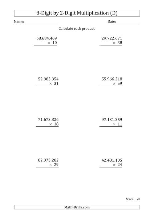 The Multiplying 8-Digit by 2-Digit Numbers with Period-Separated Thousands (D) Math Worksheet
