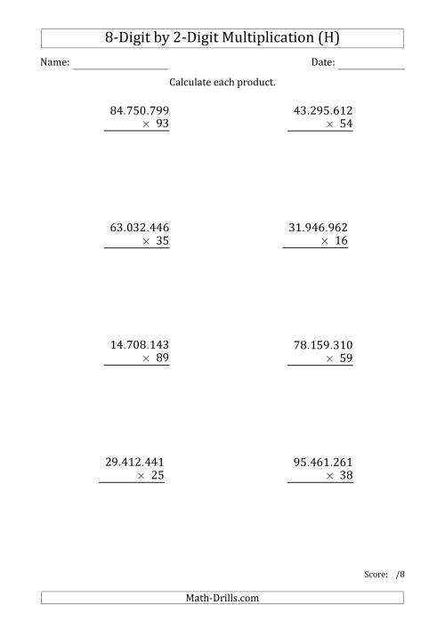 The Multiplying 8-Digit by 2-Digit Numbers with Period-Separated Thousands (H) Math Worksheet