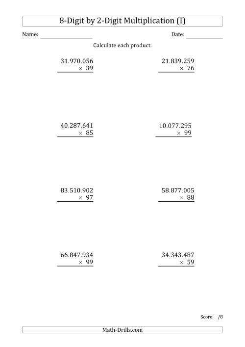 The Multiplying 8-Digit by 2-Digit Numbers with Period-Separated Thousands (I) Math Worksheet