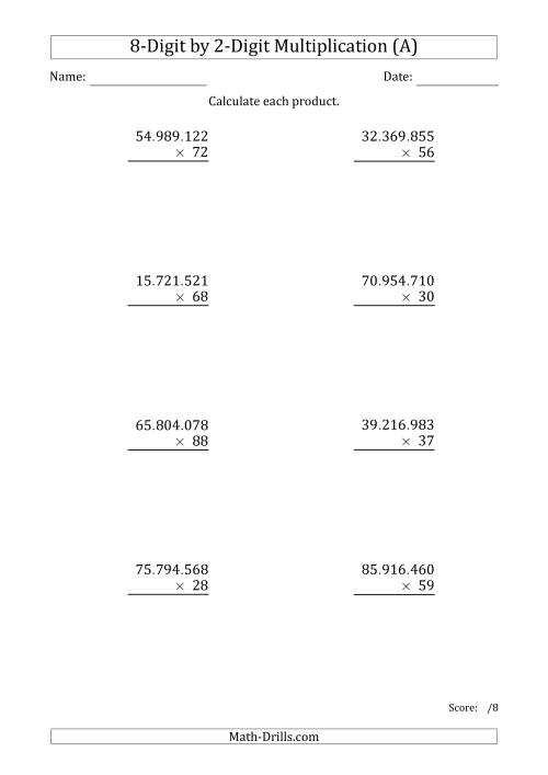 The Multiplying 8-Digit by 2-Digit Numbers with Period-Separated Thousands (All) Math Worksheet