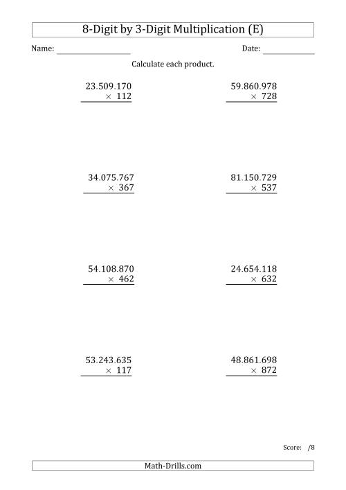 The Multiplying 8-Digit by 3-Digit Numbers with Period-Separated Thousands (E) Math Worksheet