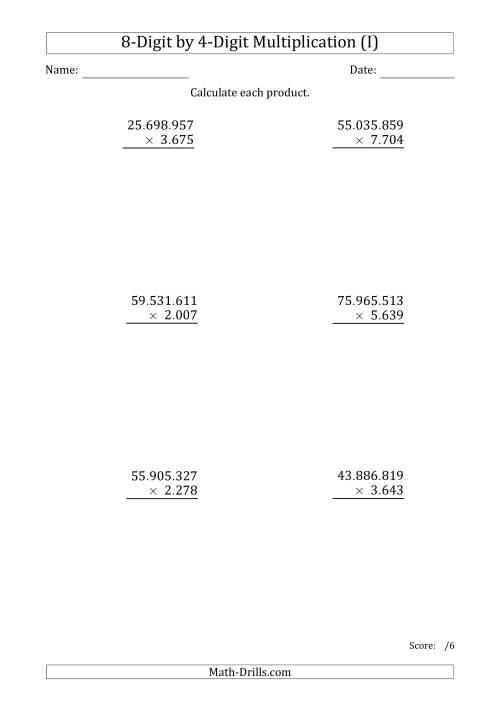The Multiplying 8-Digit by 4-Digit Numbers with Period-Separated Thousands (I) Math Worksheet