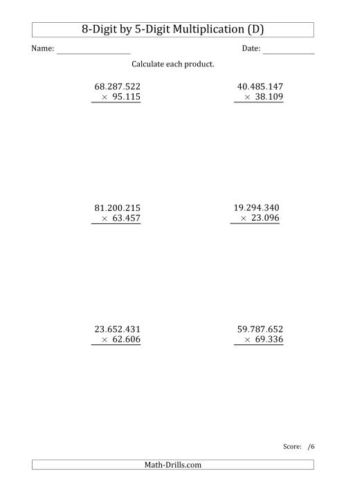 The Multiplying 8-Digit by 5-Digit Numbers with Period-Separated Thousands (D) Math Worksheet