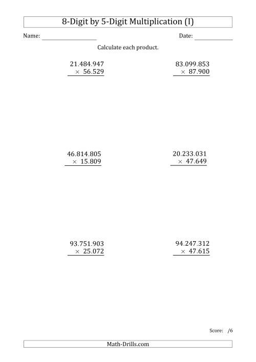 The Multiplying 8-Digit by 5-Digit Numbers with Period-Separated Thousands (I) Math Worksheet