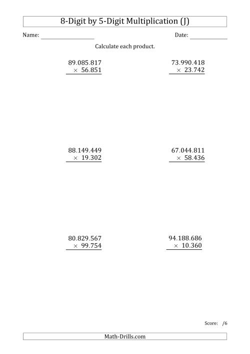 The Multiplying 8-Digit by 5-Digit Numbers with Period-Separated Thousands (J) Math Worksheet