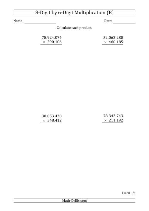 The Multiplying 8-Digit by 6-Digit Numbers with Period-Separated Thousands (B) Math Worksheet