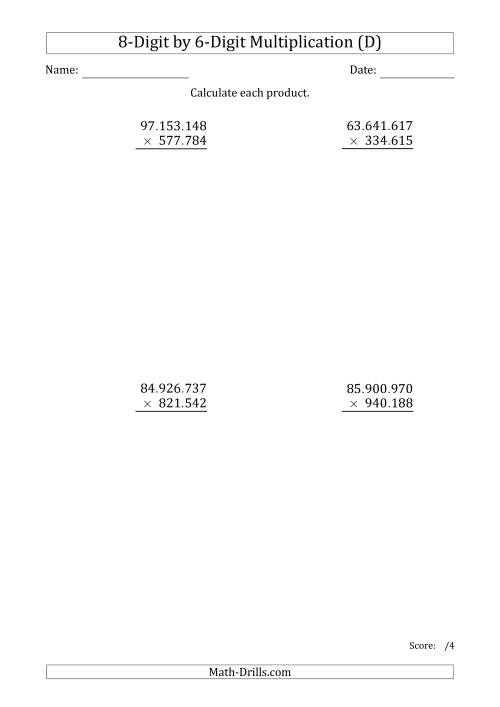The Multiplying 8-Digit by 6-Digit Numbers with Period-Separated Thousands (D) Math Worksheet