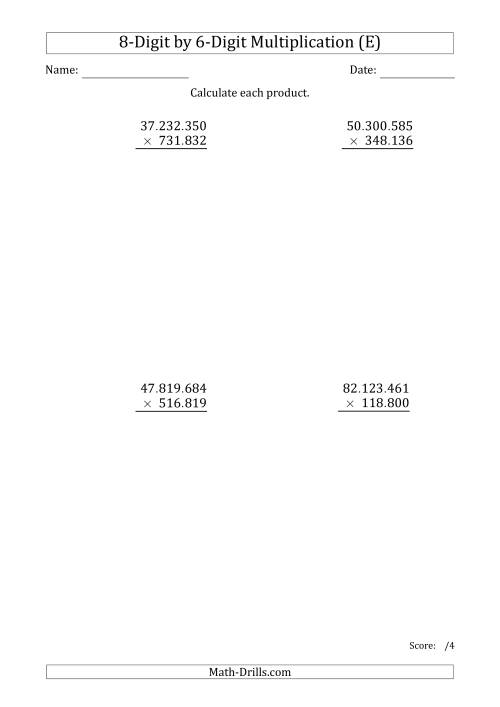 The Multiplying 8-Digit by 6-Digit Numbers with Period-Separated Thousands (E) Math Worksheet