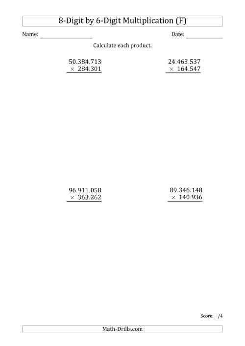 The Multiplying 8-Digit by 6-Digit Numbers with Period-Separated Thousands (F) Math Worksheet