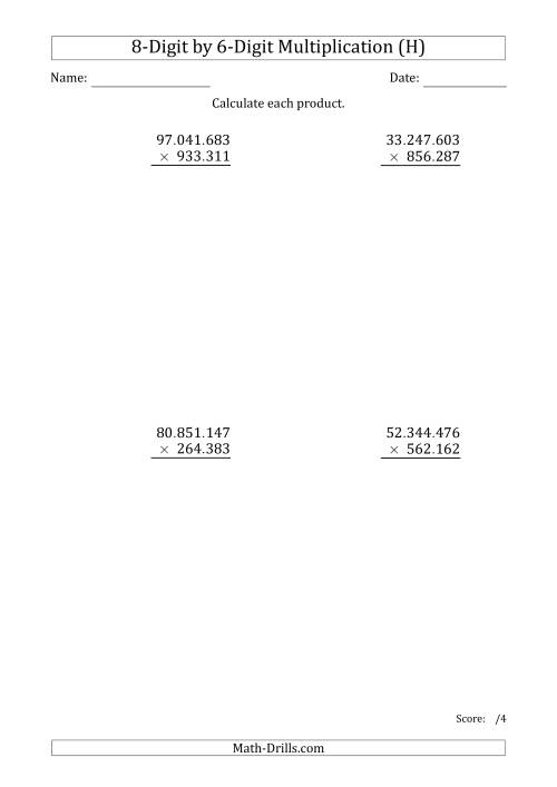 The Multiplying 8-Digit by 6-Digit Numbers with Period-Separated Thousands (H) Math Worksheet