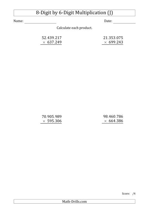 The Multiplying 8-Digit by 6-Digit Numbers with Period-Separated Thousands (J) Math Worksheet