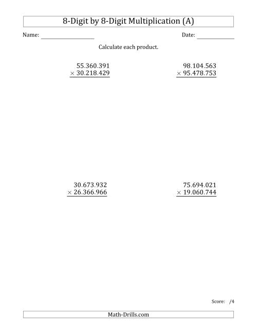 The Multiplying 8-Digit by 8-Digit Numbers with Period-Separated Thousands (A) Math Worksheet