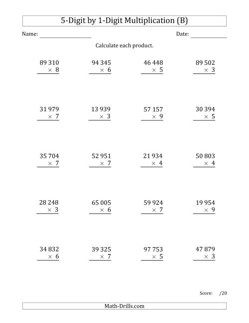 The Multiplying 5-Digit by 1-Digit Numbers with Space-Separated Thousands (B) Math Worksheet