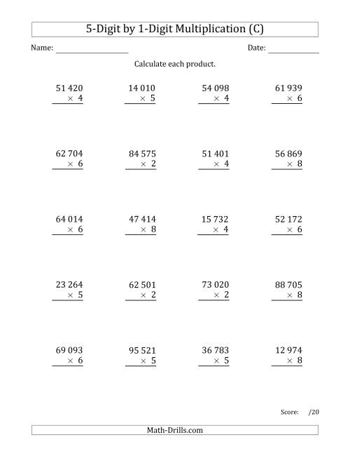 The Multiplying 5-Digit by 1-Digit Numbers with Space-Separated Thousands (C) Math Worksheet