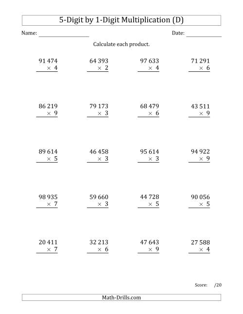 The Multiplying 5-Digit by 1-Digit Numbers with Space-Separated Thousands (D) Math Worksheet