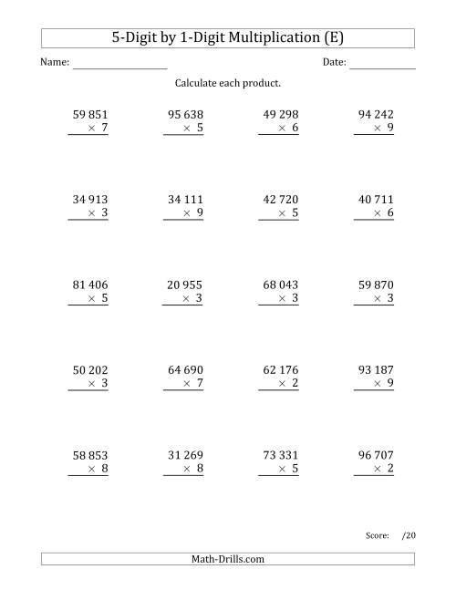The Multiplying 5-Digit by 1-Digit Numbers with Space-Separated Thousands (E) Math Worksheet