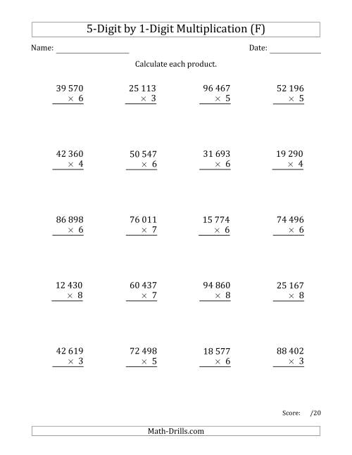 The Multiplying 5-Digit by 1-Digit Numbers with Space-Separated Thousands (F) Math Worksheet