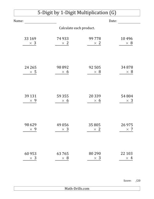 The Multiplying 5-Digit by 1-Digit Numbers with Space-Separated Thousands (G) Math Worksheet