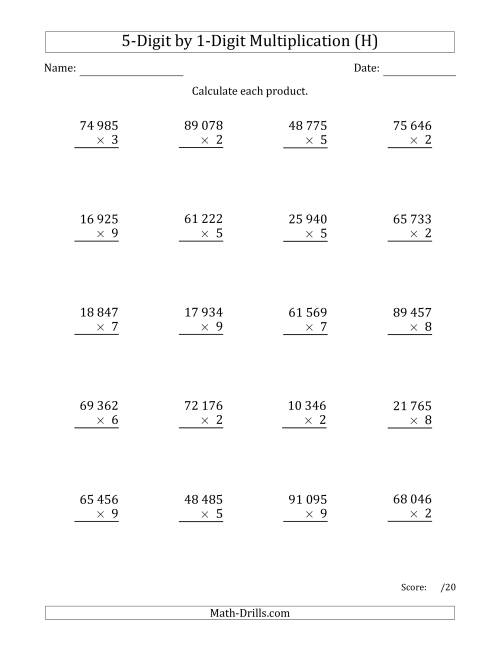 The Multiplying 5-Digit by 1-Digit Numbers with Space-Separated Thousands (H) Math Worksheet
