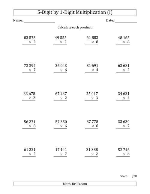 The Multiplying 5-Digit by 1-Digit Numbers with Space-Separated Thousands (I) Math Worksheet