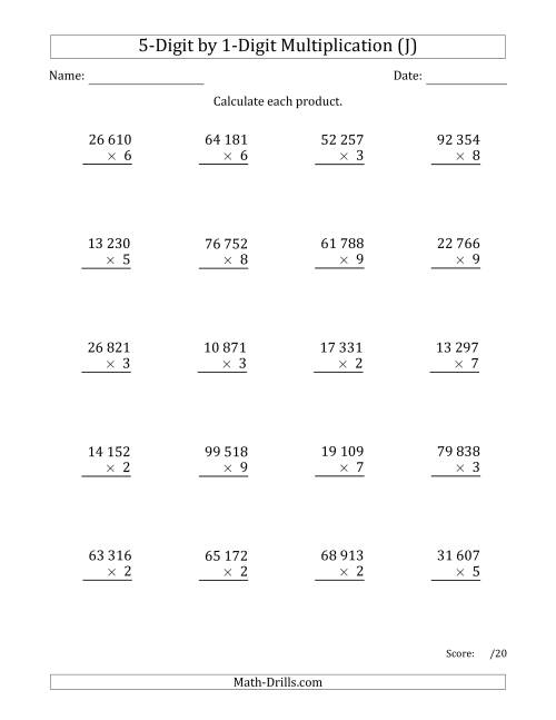 The Multiplying 5-Digit by 1-Digit Numbers with Space-Separated Thousands (J) Math Worksheet