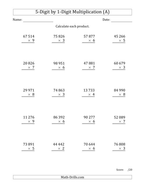 The Multiplying 5-Digit by 1-Digit Numbers with Space-Separated Thousands (All) Math Worksheet