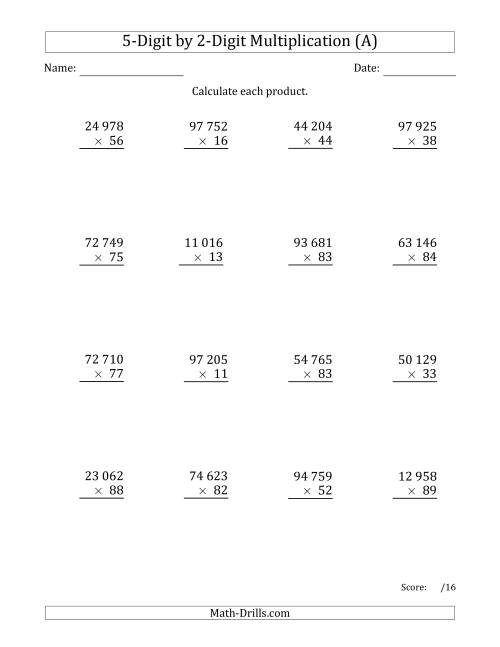 The Multiplying 5-Digit by 2-Digit Numbers with Space-Separated Thousands (A) Math Worksheet