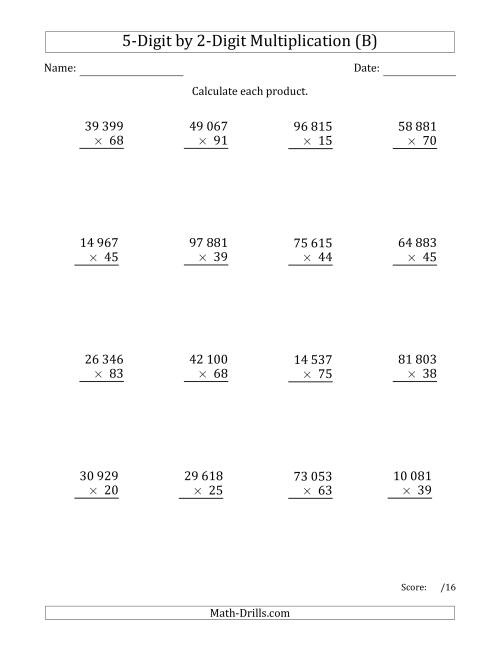The Multiplying 5-Digit by 2-Digit Numbers with Space-Separated Thousands (B) Math Worksheet