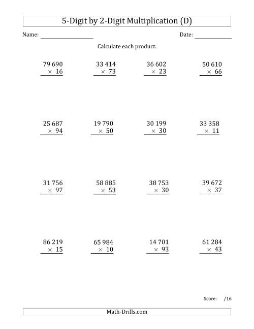 The Multiplying 5-Digit by 2-Digit Numbers with Space-Separated Thousands (D) Math Worksheet