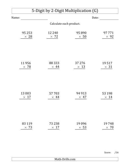 The Multiplying 5-Digit by 2-Digit Numbers with Space-Separated Thousands (G) Math Worksheet