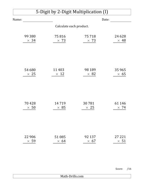 The Multiplying 5-Digit by 2-Digit Numbers with Space-Separated Thousands (I) Math Worksheet