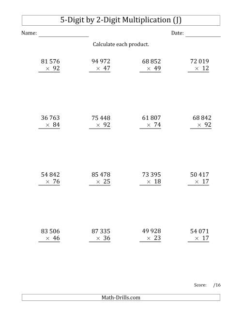 The Multiplying 5-Digit by 2-Digit Numbers with Space-Separated Thousands (J) Math Worksheet