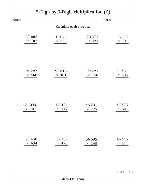 The Multiplying 5-Digit by 3-Digit Numbers with Space-Separated Thousands (C) Math Worksheet