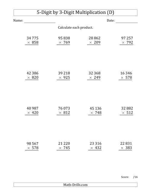 The Multiplying 5-Digit by 3-Digit Numbers with Space-Separated Thousands (D) Math Worksheet